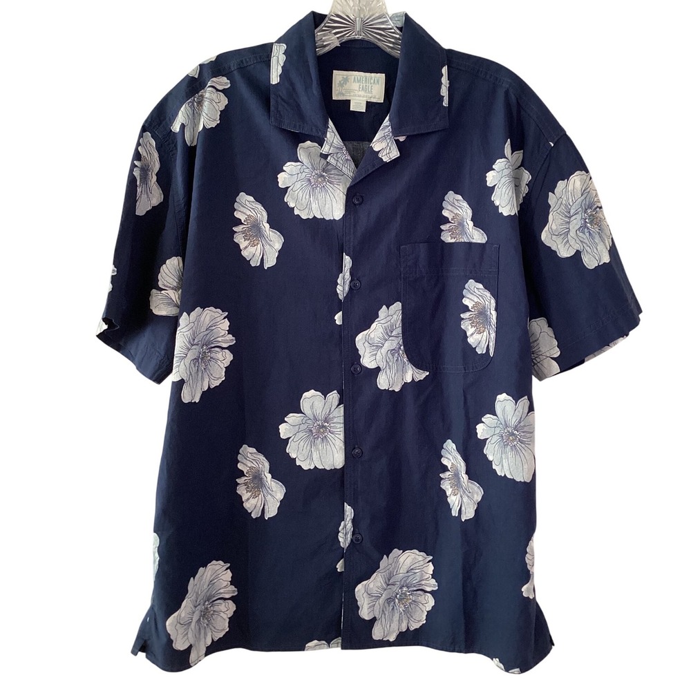 American Eagle Navy Blue Floral Short Sleeve Button Down Camp Shirt Size M